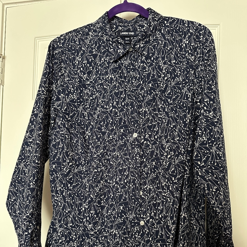 Lands' End 18W No Iron 100% Supima Cotton Allover Print Long Slv Button Down Top